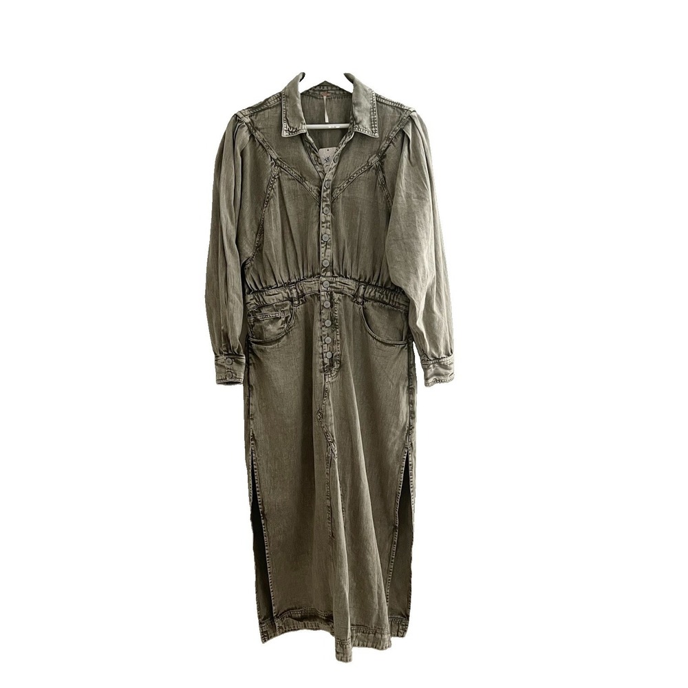 NWT Free People Mad Love Denim Midi Dress Cotton Fitted Long Sleeve Size M Sage - Picture 4 of 10